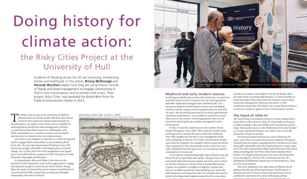 'Doing history for climate action'. Text and images of magazine. Images include people viewing exhibition and a 17th century drawing of Hull. 