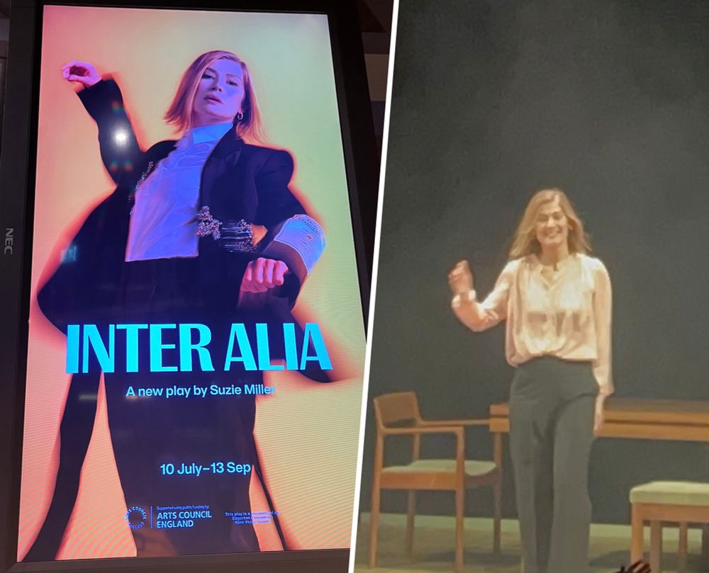 Inter Alia poster and Rosamund at the curtain call