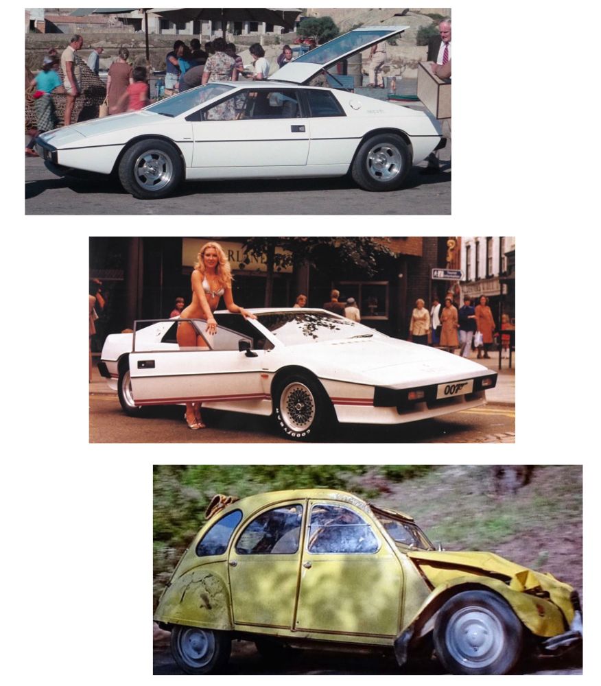 Lotus Esprit from The Spy Who Loved Me
followed by Lotus Esprit from For Your Eyes Only followed by Citroen 2CV from For Your Eyes Only