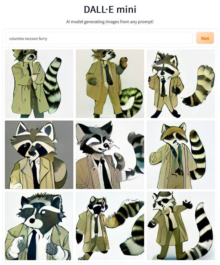 A prompt for an AI art generator that says Columbo raccoon furry. Below it are nine separate images of cartoon raccoons gesticulating while wearing Columbo’s signature coat