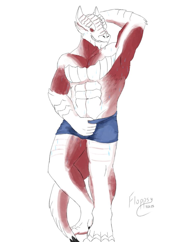 A sweaty dragonborn staring provocatively at the viewer and gripping his very short shorts