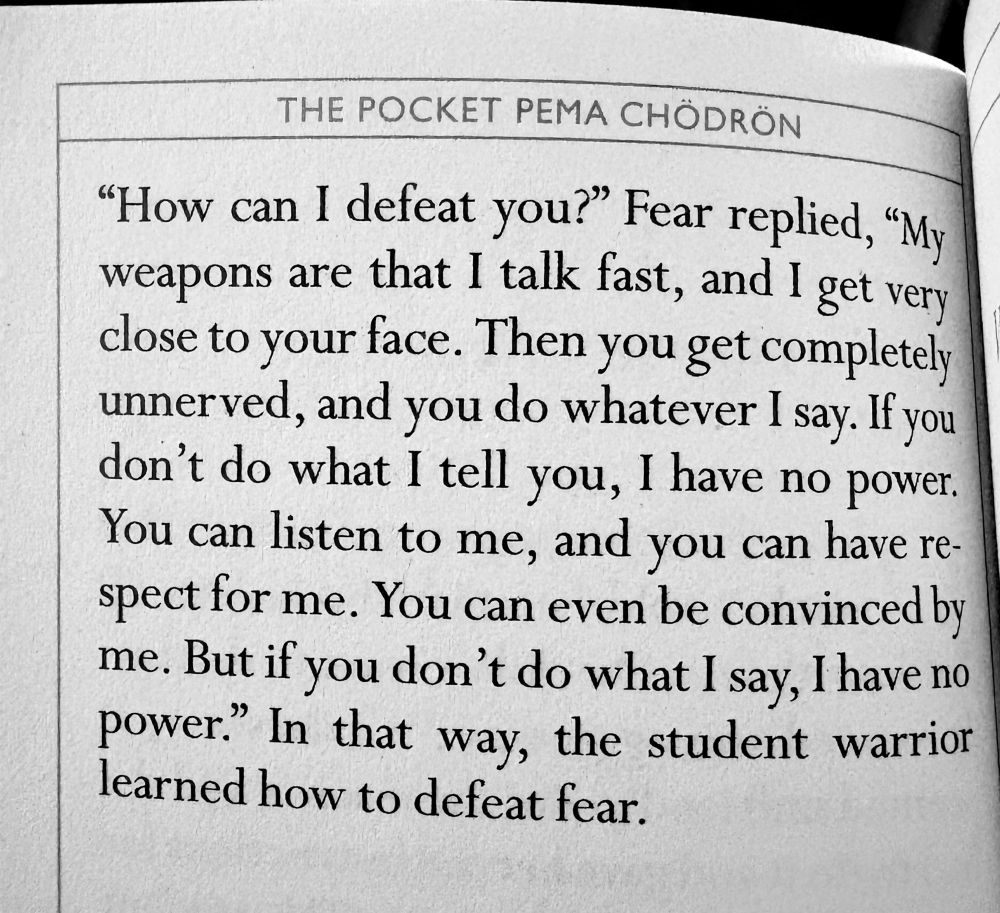 The Pocket Pema Chodron
How can I defeat you? Fear replied, "My weapons are that I talk fast, and I get very close to your face. Then you get completely unnerved, and you do whatever I say. If you don't do what I tell you, I have no power. You can listen to me, and you can have respect for me. You can even be convinced by me. But if you don't do what I say, I have no power." In that way, the student warrior learned how to defeat fear. 