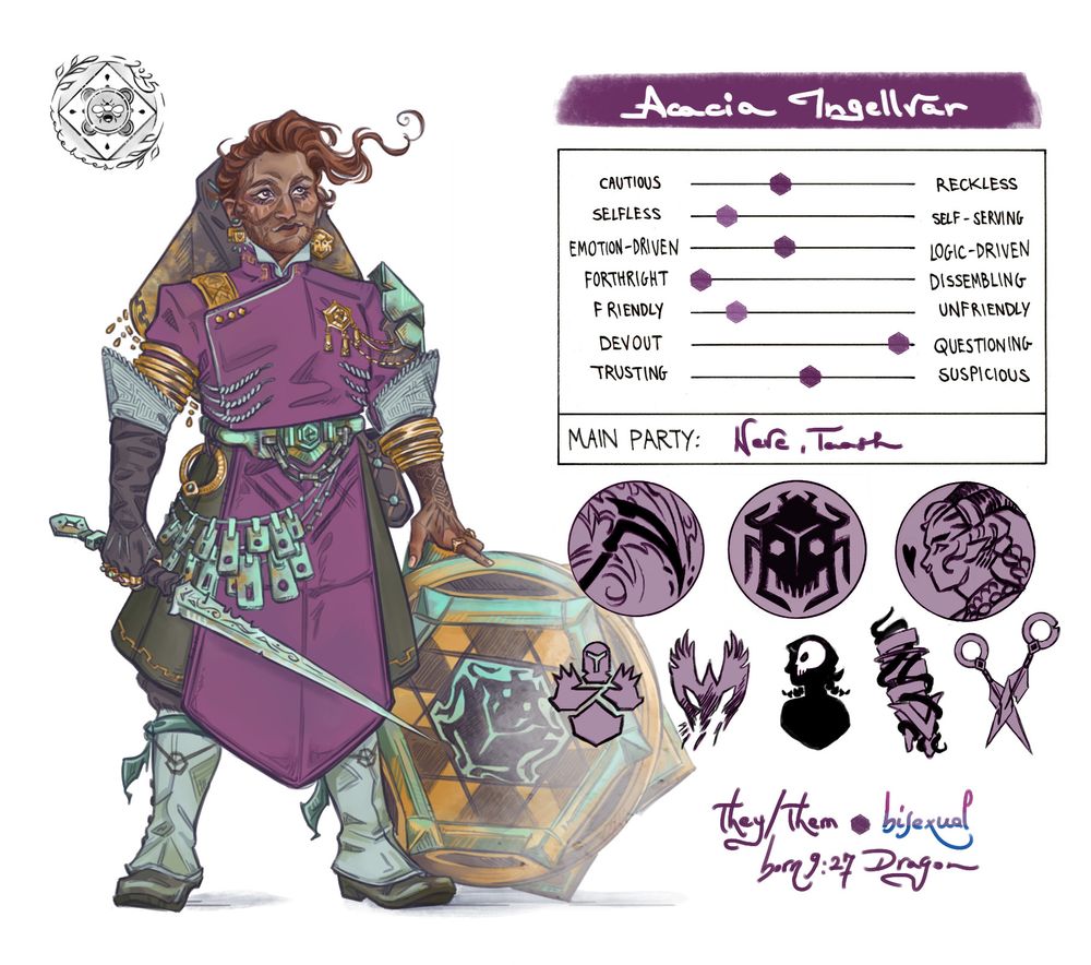 Digital drawing of "Rook" Acacia Ingellvar during the events of the game. They stand next to a chart of their stats and in game decisions.