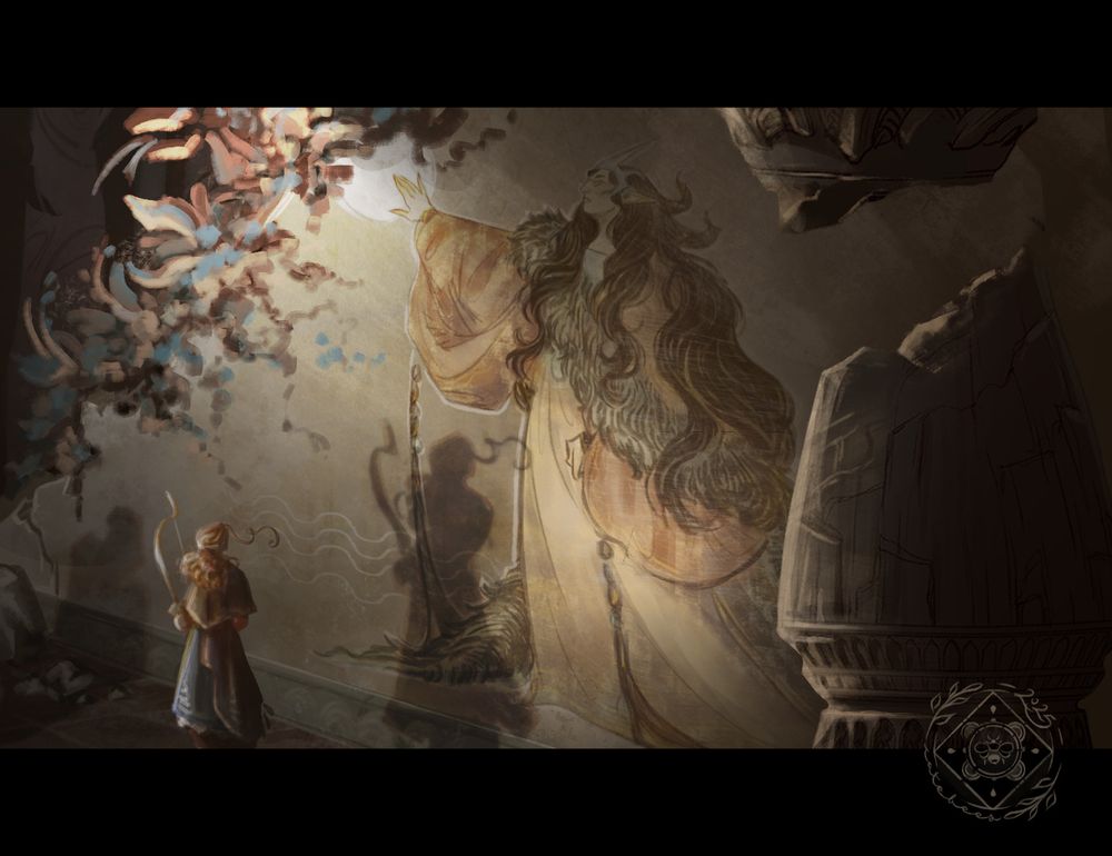 Digital drawing. an elf looks up at a weathered mural of Mythal in an overgrown temple. his shadow is cast right next to her