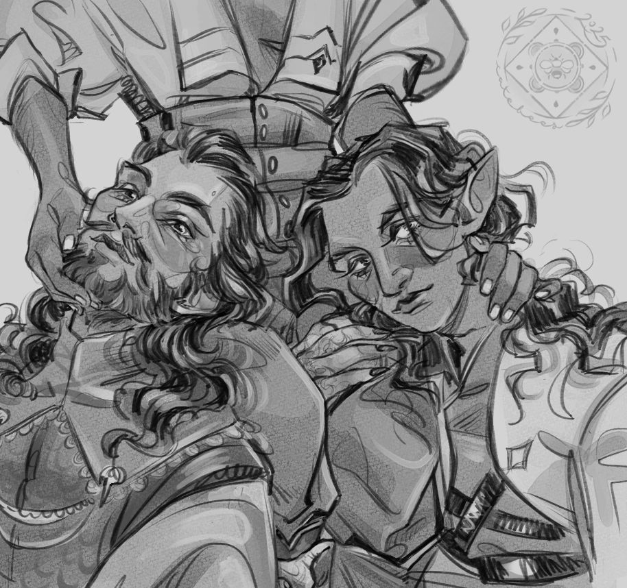 a greyscale sketch of Lucanis and Rook resting their heads in Neve's lap