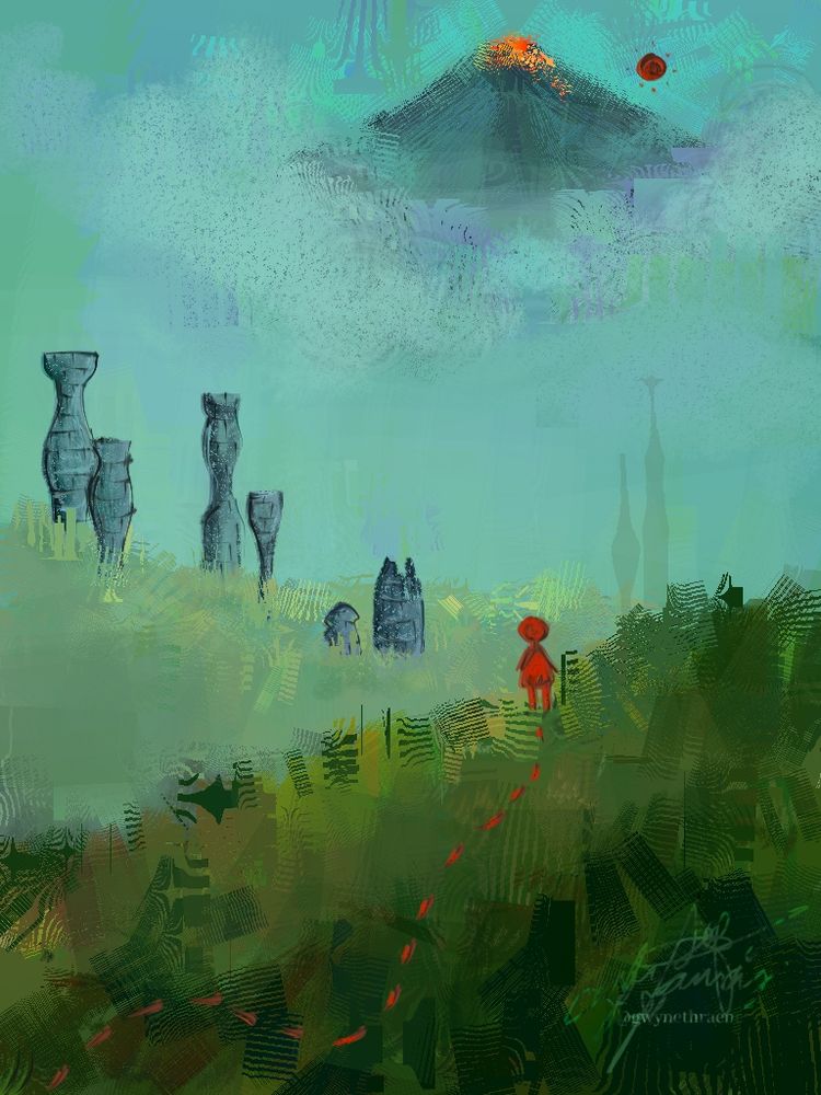 A red stickman on a green & grassy hill, - slanted upwards to the right, - overlooks another misty hill - slanted upwards to the left - littered with giant boulders & castle ruins. Over the horizon, a volcano peeks over the clouds, orange & yellow lava threatening to spill over from its top while a distant red sun looms from its right side.