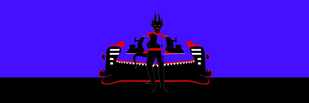 flat color art of serubyne sat in front of his toyota GR010 hypercar, in BLU-E colors