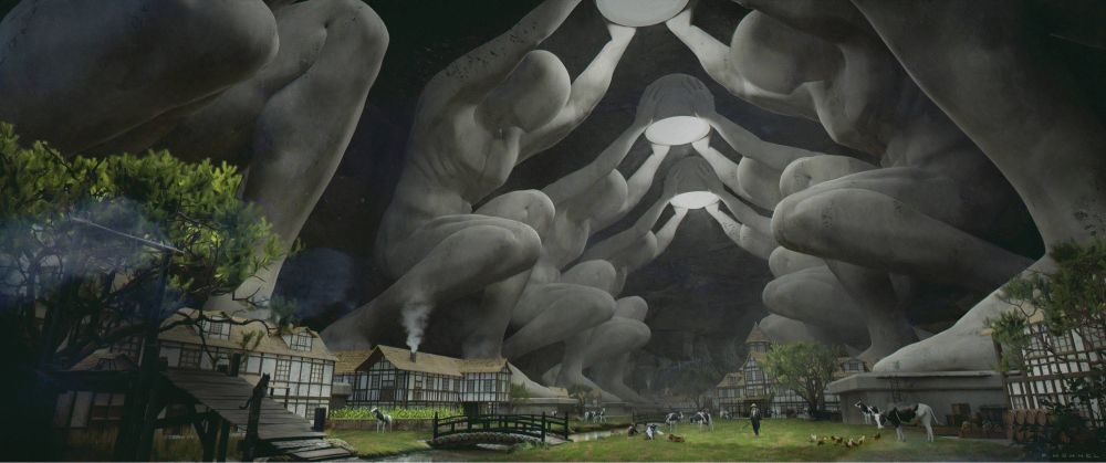 Environment concept art painting showing an underground town