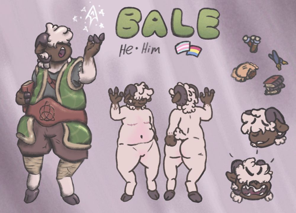 A reference sheet for a chunky ram named Bale. He has dark skin and white fleece, with large horns and floppy ears. He is wearing a fantasy adventures outfit, and on the right, we can see his inventory. A homemade pastry, some vials of tea, a couple fountain pens, and a small collection of journals or field manuals.