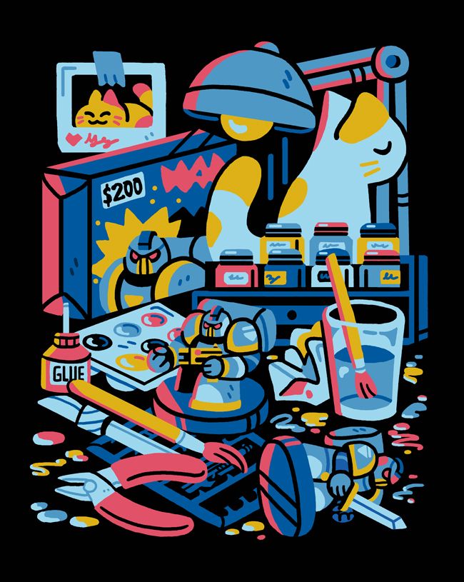 An illustration of mini building supplies and a cat. Colors are blue, yellow, red, and black.