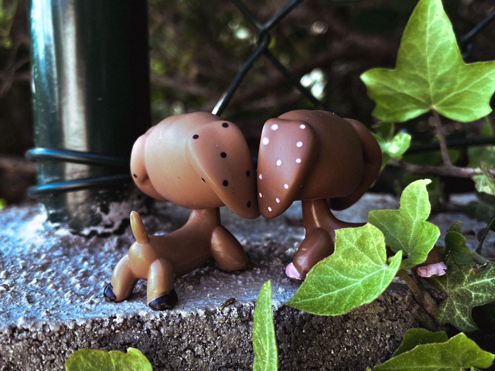 littlest pet shop daschunds pressed ear to ear, dots on their ears, facing backwards 
