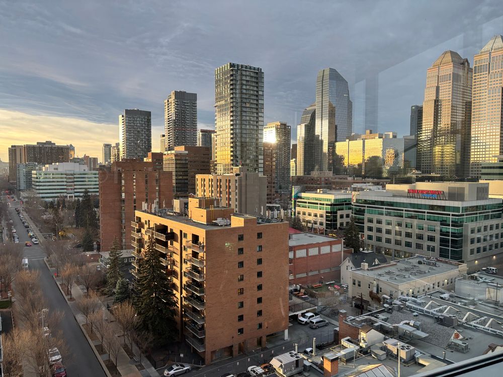 View of cityscape with winter golden light from the setting sun