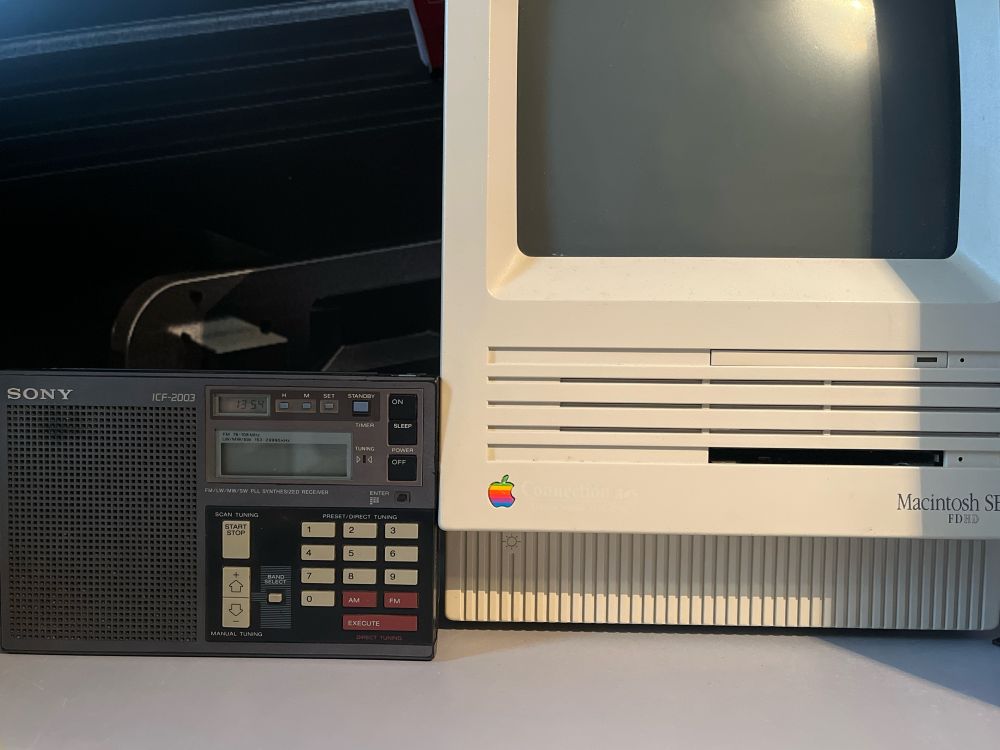 the irrational purchase (Sony ICF-2003) next to the irrational purchase (Macintosh SE FDHD)
