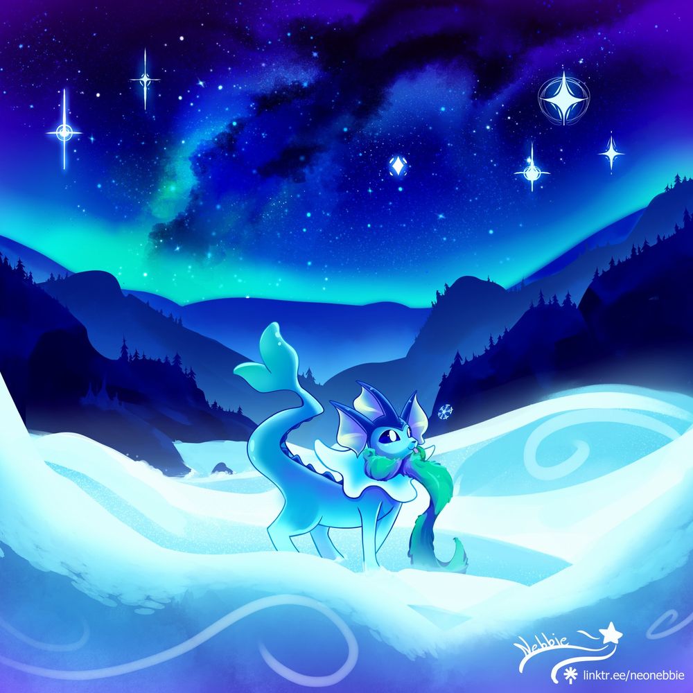 Digital art of a Vaporeon standing in a snowy field with blue ridge mountains in the back and under a colorful starry sky.