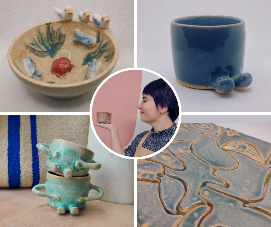 Une photo de moi (femme blanche cheveux courts bruns) tenant une tasse. Entourée d'autres photos de mes céramiques (un bol avec des mouettes, poissons et crabe en 3D), des tasses avec des pieds et des bras et un puzzle dont les pièces sont des animaux