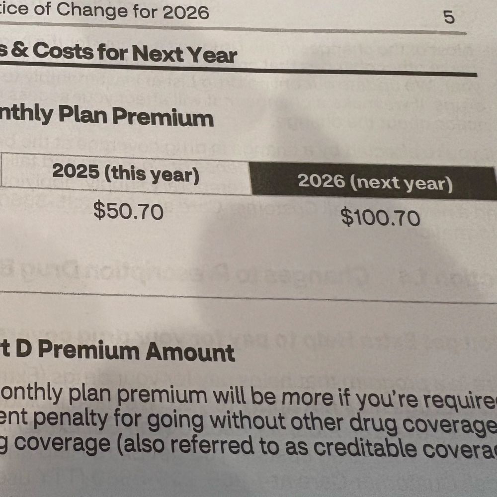 Invoice for Medicare drug plan shows a 100% increase for 2026. $50.70 to $100.70 next year per month. 
