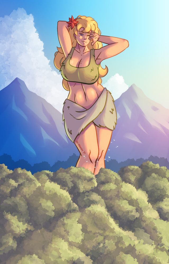 A stylized illustration featuring a giant woman with long blond hair and a revealing cave-person outfit. She stands high in the middle of a forest while shielding her eye from the sun and posing with a smile towards the viewer, as birds fly in front of her legs.