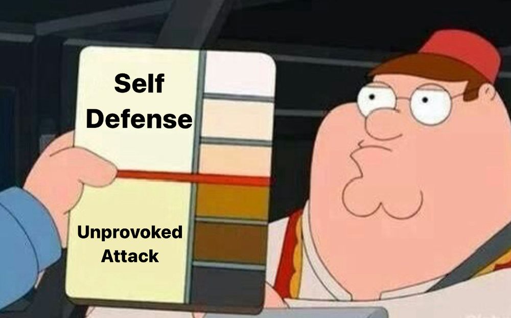 Family Guy color palette meme. Peter Griffin is in the driver’s seat of a car pulled over with the hand of a white cop holding up a color palette chart. 

The top three colors are lighter shades and labeled “Self Defense.” There’s a red line underneath separating it from the bottom three colors which are darker and labeled “Unprovoked Attack.”

This meme is used as commentary for when the same action is classified differently based on the skin color of the person who did it.