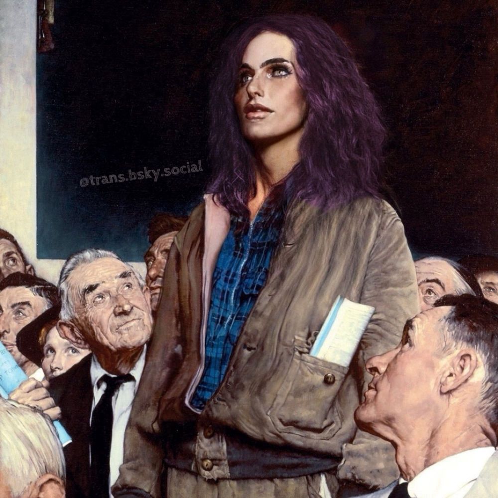 Yassified version of the Norman Rockwell Freedom of Speech painting. Purple haired lady’s face is drawn over the dude’s face who is standing up in front of a room of 1950s white folks. Meme by @trans.bsky.social.