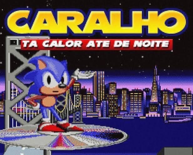Sonic com cara de puto, uma mão na cintura e a outra mostrando um letreiro que diz: "CARALHO, TÁ CALOR ATÉ DE NOITE"