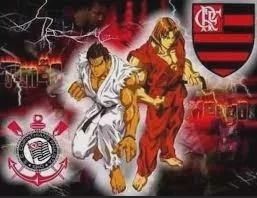 união flarinthiana: a imagem mostra personagens de street fighter e escudos de flamengo, ao lado do ken, e corinthians, ao lado do ryu 