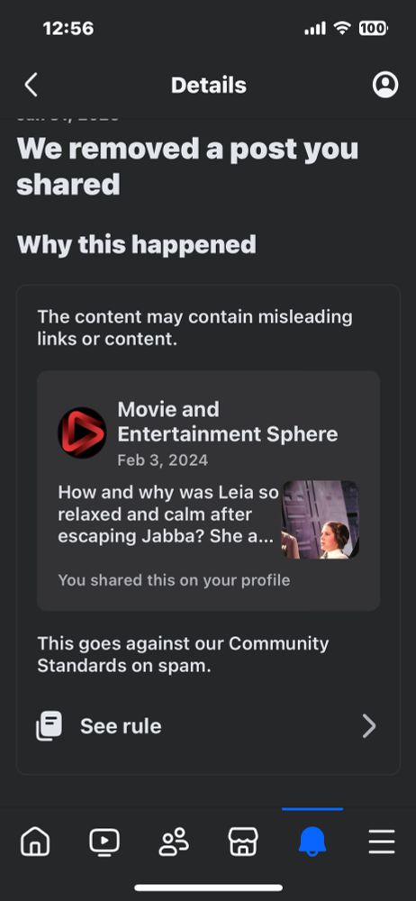 Screenshot of removed Star Wars post stating it violates policy