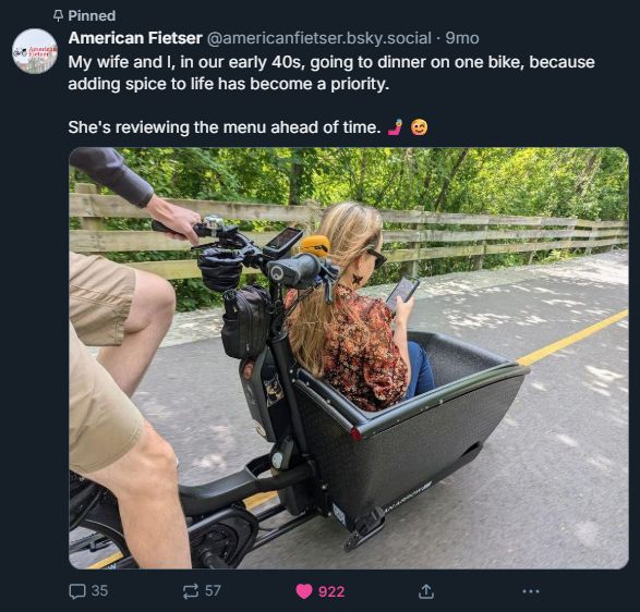 American Fietser's pinned post is about taking his wife out on a date to add spice to life. Conspicuously posted nine months ago.