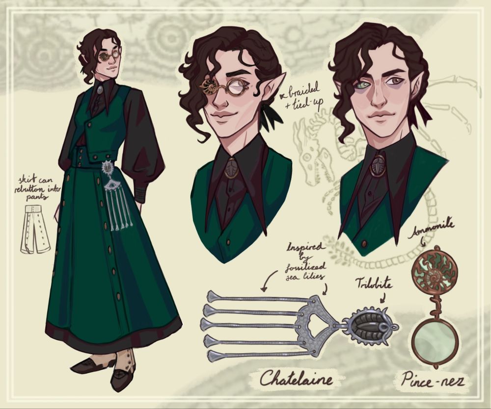 Reference sheet of a female half-elf in green Victorian inspired clothing. Her accessories are fossil inspired, including a sea lily and trilobite themed chatelaine and a pair of glasses where one lense is shaped like an ammonite, obscuring the opalized ammonite fossil she's traded her right eye for. 