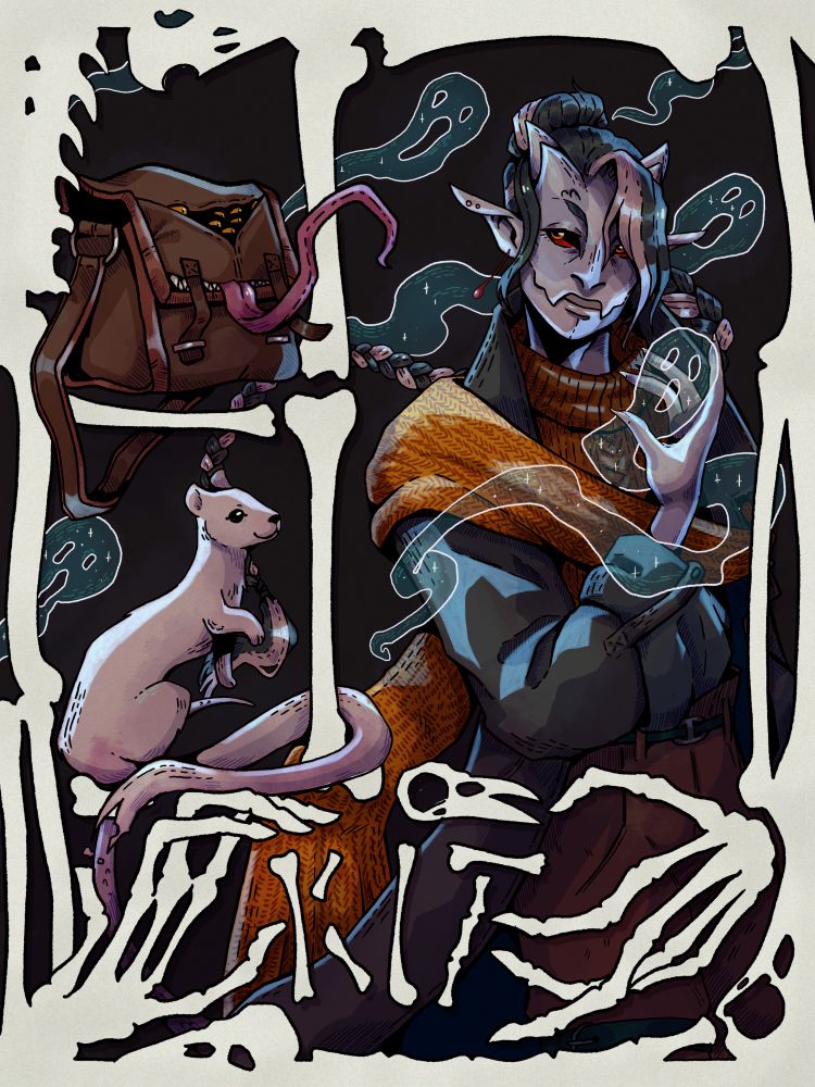 An illustration of a changeling with bug-like features and long dark hair in a braid. The illustration contains a drawing of the character interacting with a ghostly spirit by holding it in their palm. To the left are a mimic disguised as a bag and a white weasel. The picture includes a frame made of different bones and towards the bottom, two skeletal hands surround another set of bones that spell out the name Kit. 