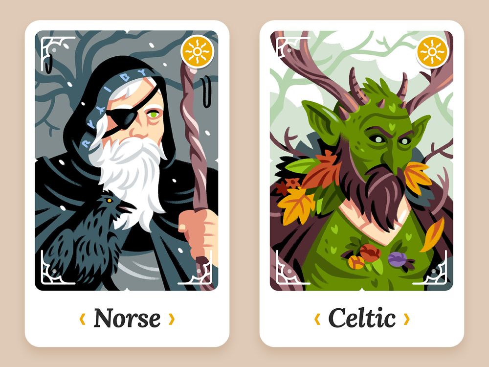 Cards depicting a Norse and a Celtic god. Specifically: Odin and Cernunnos.
