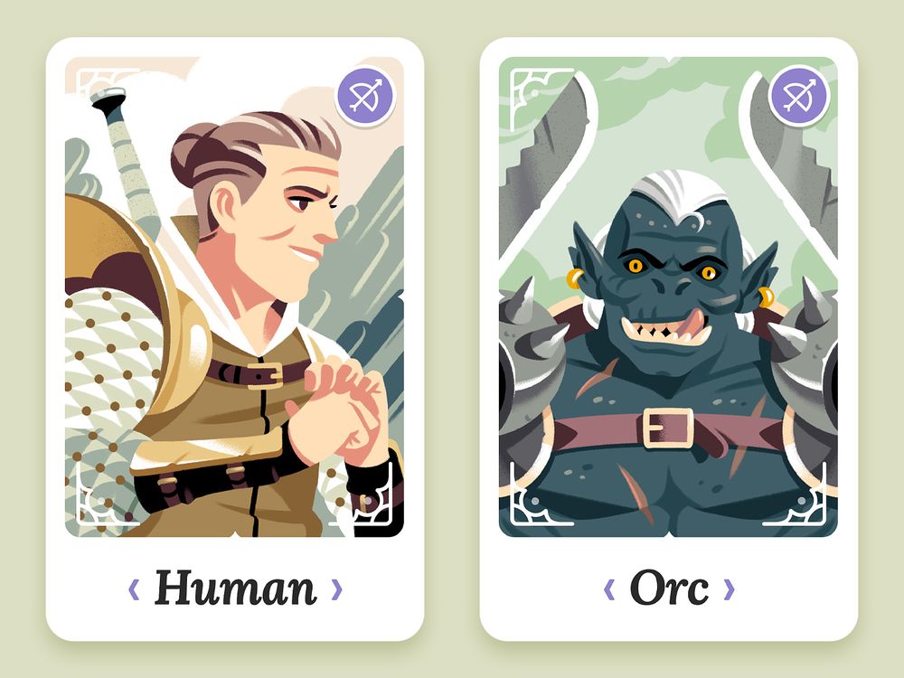 Two cards with Fantasy characters: one for a human, one for an orc.