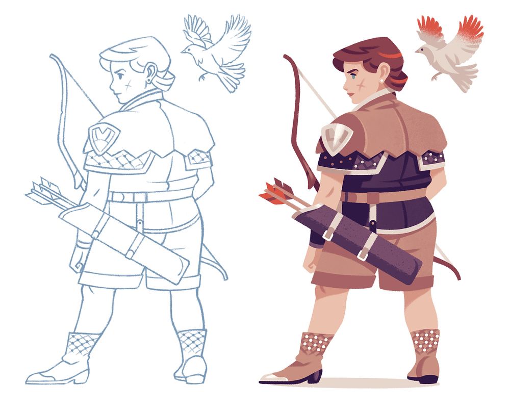Image of a young archer accompanied by a bird. Sketch vs colored version comparison.