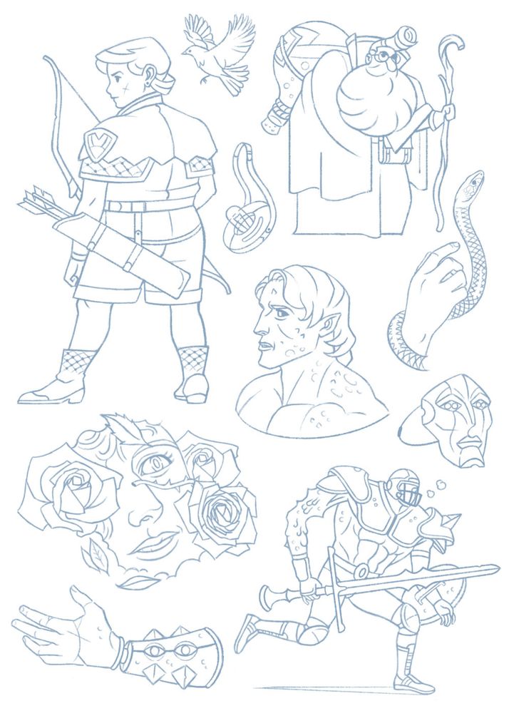 Multiple pencil sketches showing characters, objects and other semi-random elements.