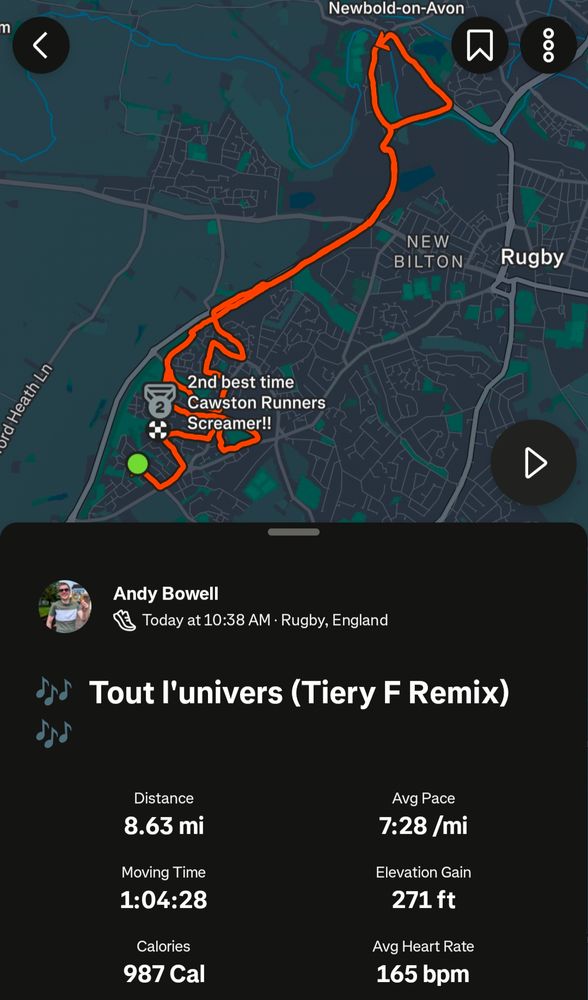 Screenshot of Strava showing a 8.63 mile run at a pace of 7:28 per mile