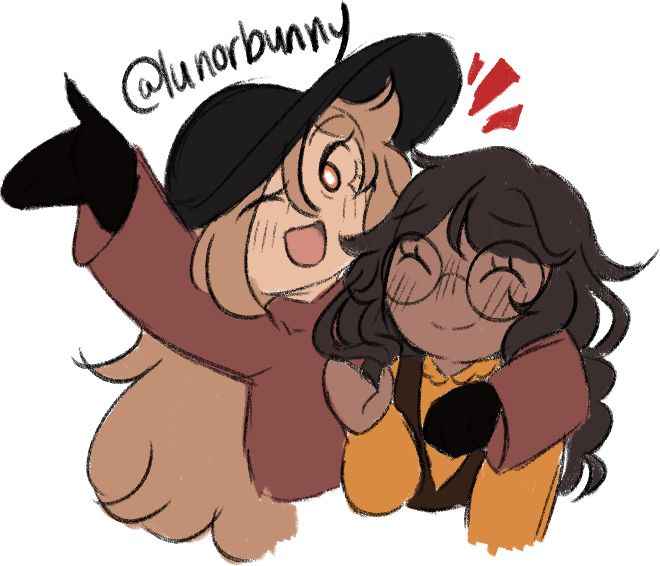 my main two ocs fiametta and charlotte. fia has her arm around charlotte while the other is raised in the air and she's winking. charlotte is waving her hand at the camera.