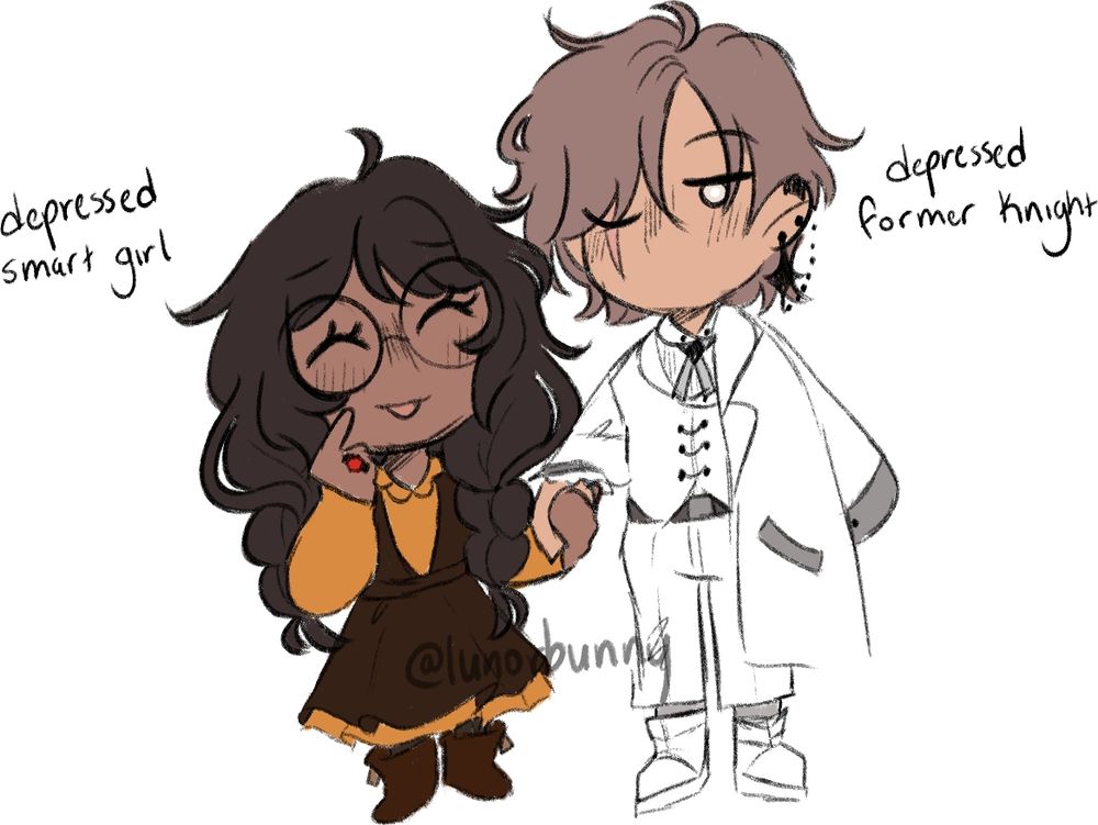 chibis of charlotte and eirwyn. theyre holding hands and charlotte is poking her cheek. beside her it reads "depressed smart girl" and besides eirwyn it reads "depressed former knight"