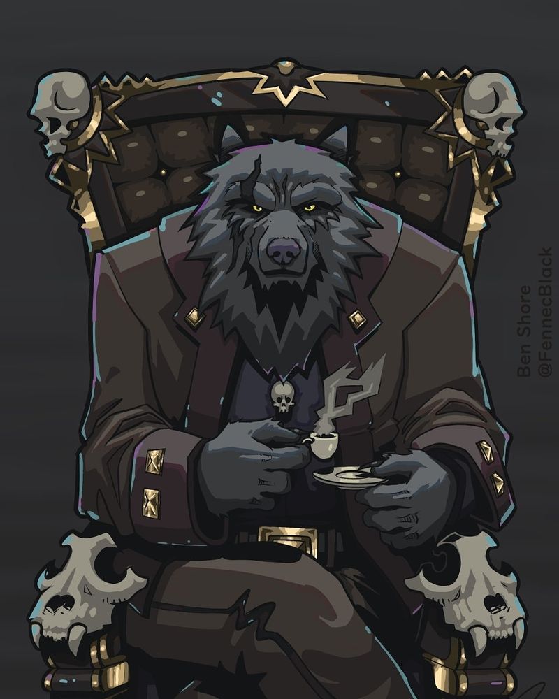 Furry wolf being furry on a throne for furries drinking a cappuccino. 