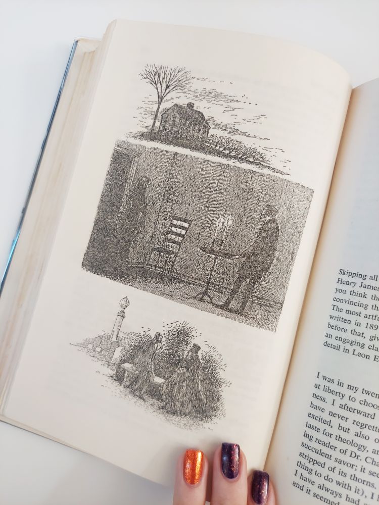 A page from Hauntings featuring drawings by Edward Gorey. From top to bottom: A spooky mansion surrounded by bare trees, a man and woman staring at a chair and table with two candles on it, and two men talking in a graveyard.