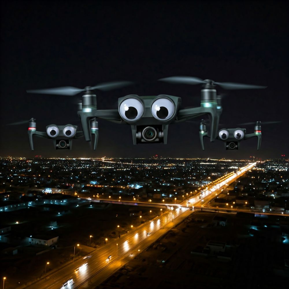 Awful AI image of drones with googly eyes.