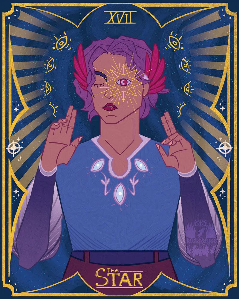 An illustration in tarot-like style, showcasing a guy with one eye open and the other closed. The open eye is surrounded by a big star. His hands are in a blessing position and there is a halo made of eyes around his head. He represents the Tarot Card number 17, aka The Star.