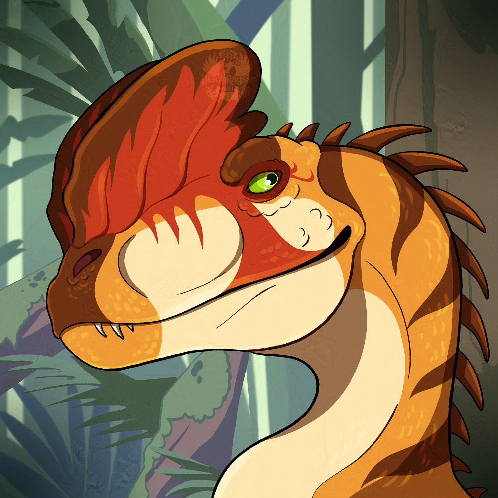 Headshot of an orange shades Dilophosaurus. He has a jungle forest as a background.