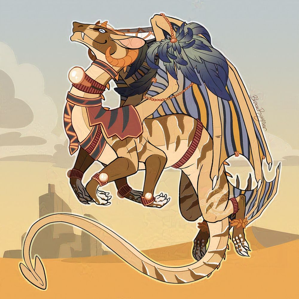A spiral dragon from Flight Rising levitating in a sandy desert, dressed with a Cape and glowing orbs. My Secret Santa 2024.