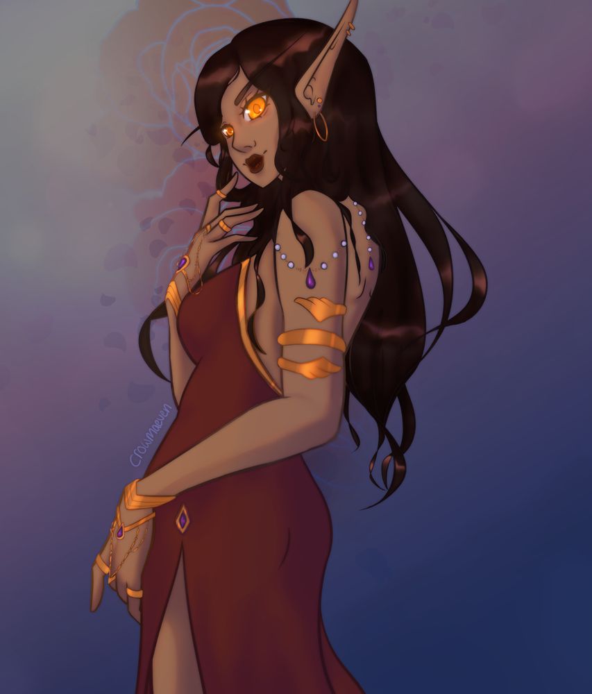 a tan blood elf lady with dark brown hair, golden eyes in a red dress, wearing a lot of golden jewelry