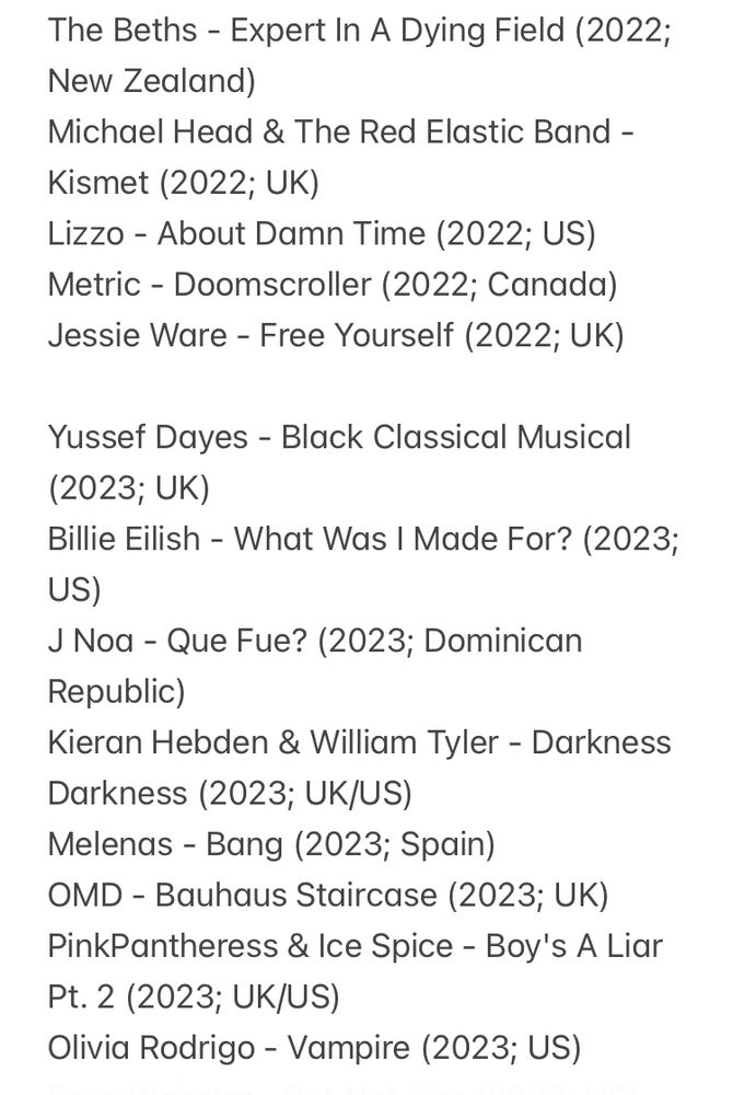 The Beths - Expert In A Dying Field (2022; New Zealand)
Michael Head & The Red Elastic Band - Kismet (2022; UK)
Lizzo - About Damn Time (2022; US)
Metric - Doomscroller (2022; Canada)
Jessie Ware - Free Yourself (2022; UK) 
Yussef Dayes - Black Classical Musical (2023; UK)
Billie Eilish - What Was I Made For? (2023; US)
J Noa - Que Fue? (2023; Dominican Republic)
Kieran Hebden & William Tyler - Darkness Darkness (2023; UK/US)
Melenas - Bang (2023; Spain)
OMD - Bauhaus Staircase (2023; UK)
PinkPantheress & Ice Spice - Boy's A Liar Pt. 2 (2023; UK/US)
Olivia Rodrigo - Vampire (2023; US)