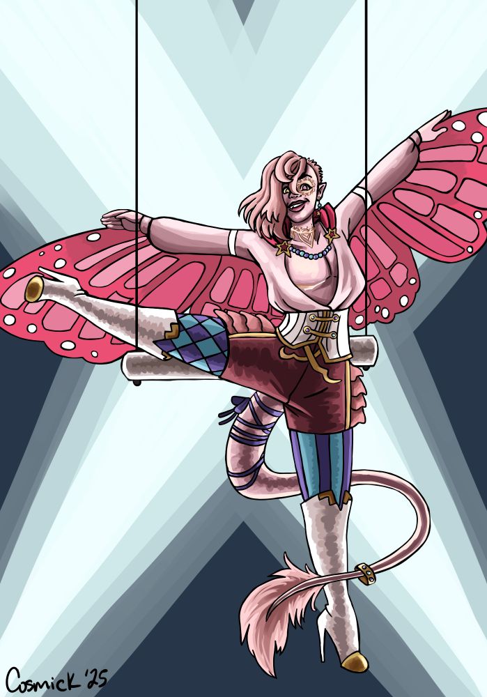 A pink hobgoblin on a trapeze spreading his arms with pink butterfly wings. He's wearing a colorful and detailed circus outfit and has metallic rose gold markings around his eye, neck, and top surgery scars. His tail has a purple ribbon tied around it. 