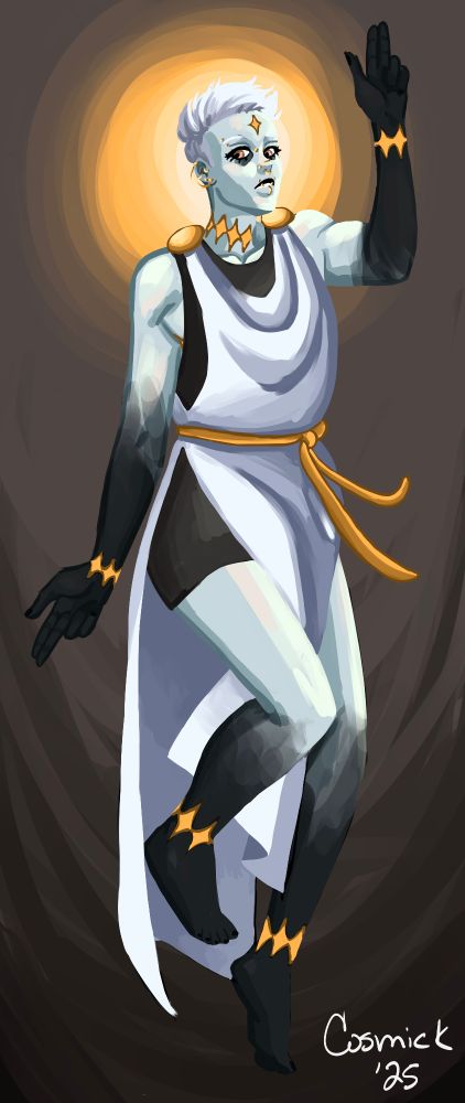 Ori (it/ he), a silver skinned Aasimar floating in the air with one hand pointing up and the other pointing down.
Its arms and legs are blackened up to the elbows and knees. There are gold stars encircling its neck, wrists, and ankles. It is wearing a white robe over black shorts and crop top