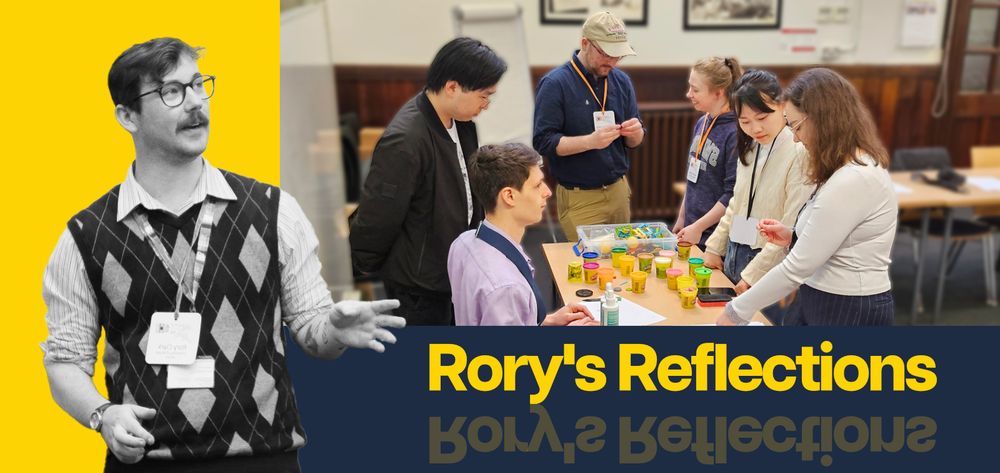 A black and white photo of Rory appears against a yellow background. To the right is a photo of workshop participants standing around a table covered in craft materials, below which the text 'Rory's Reflections' can be seen.