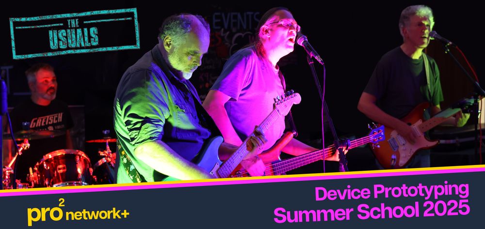 A photo shows a band with four members lit up by bright stage lighting as they perform at a concert with guitars and drums. In the top left is the text 'The Usuals' and below the pro2 logo and the text 'Device Prototyping Summer School 2025'.