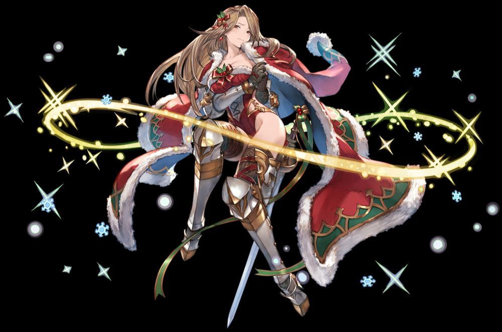 Katalina's 'Festive Corselet' outfit in Granblue Fantasy, a Christmas/holiday themed set of rather revealing armor with a cloth mantle around the shoulders, all with a red, green, and white color scheme