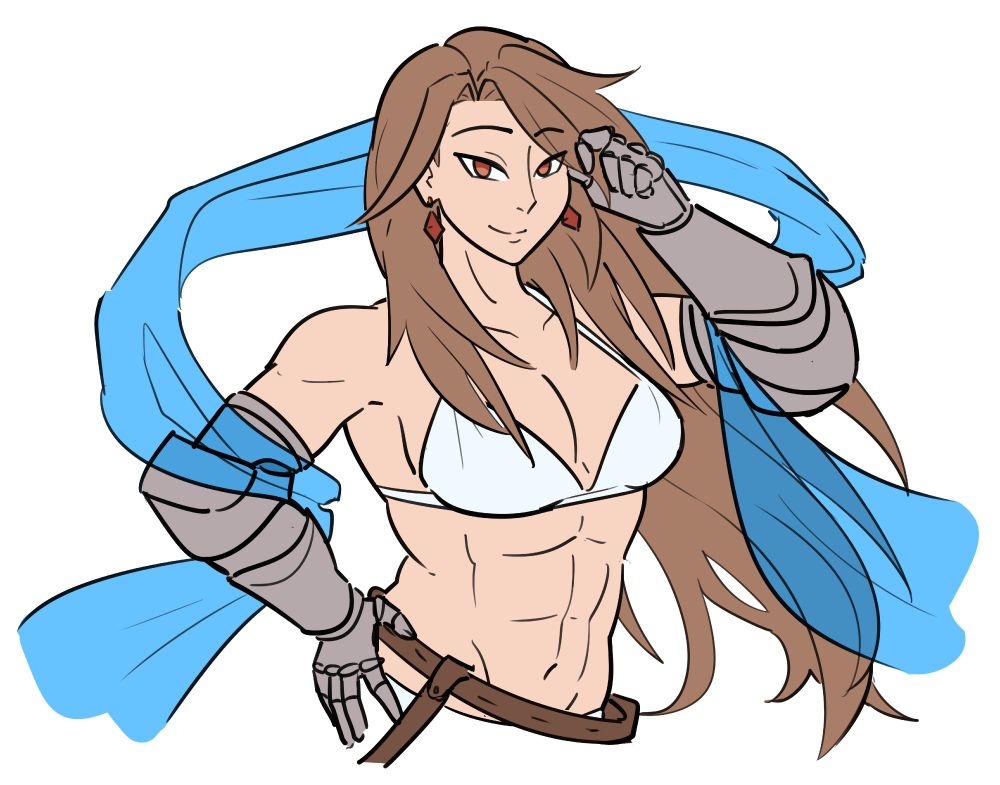 Katalina Aryze from Granblue Fantasy in her summer attire by @edenleicester.bsky.social. She is drawn to be very muscular.